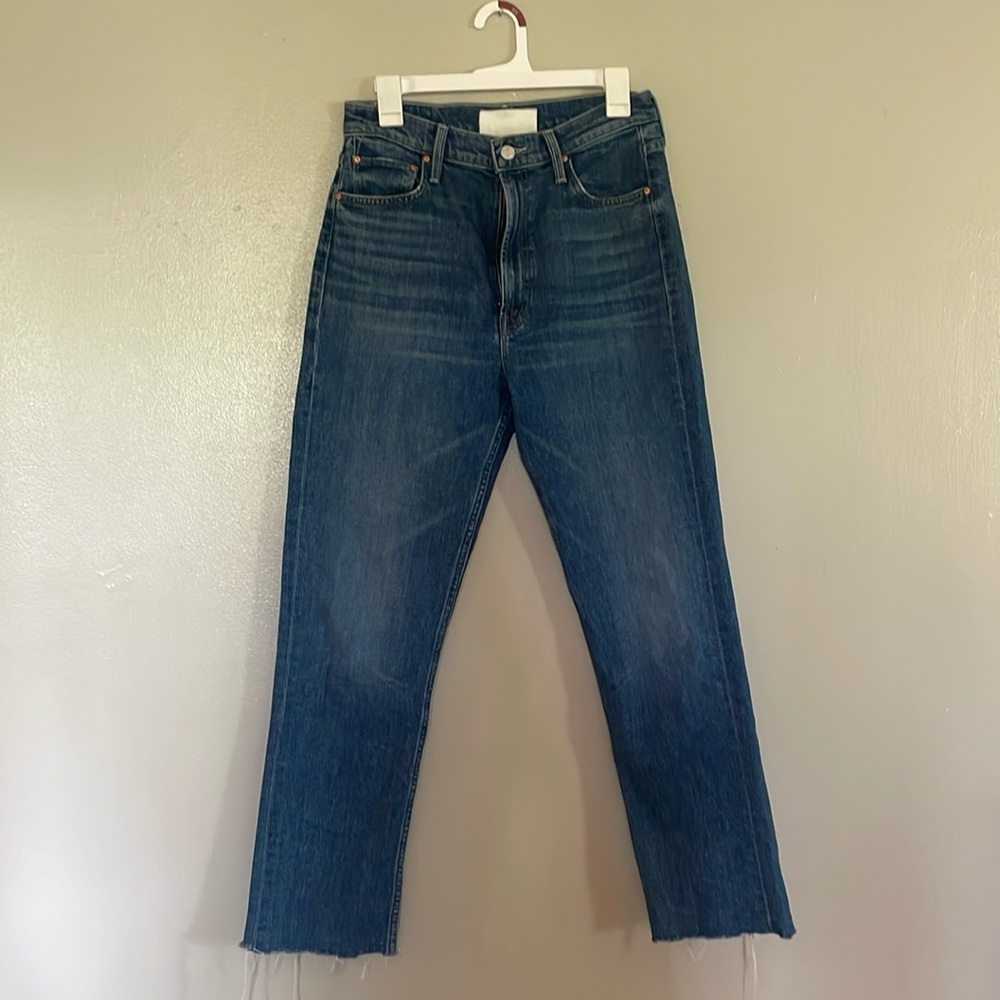 MOTHER Blue Straight Leg Jeans with Raw Hem